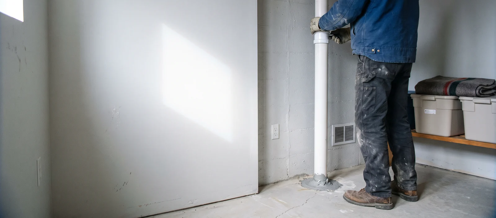 A radon pipe sealed into a basement floor, with an installer fitting it.